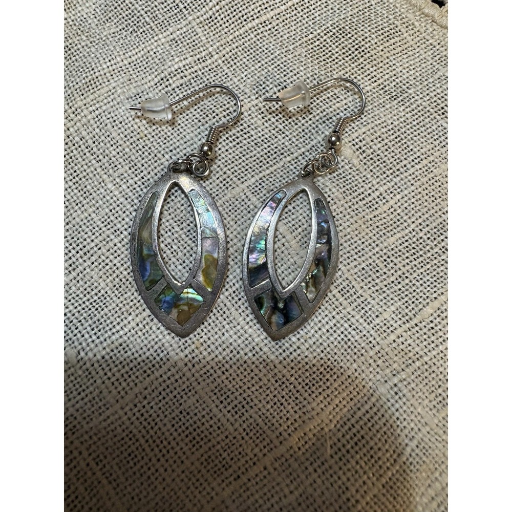 Vintage Sterling Silver Abalone Shell Oval Fish hook dangle earrings